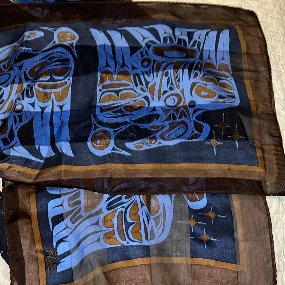Twin Hill Native American silk oblong scarf Pacific Northwest 52” x 12”